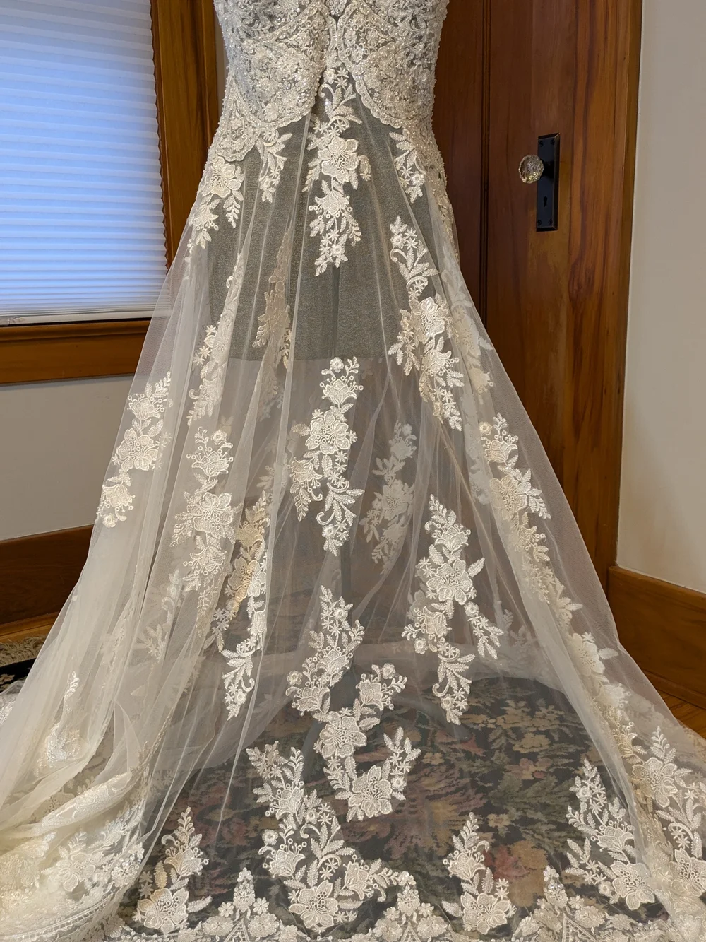 Ivory Beaded Bodice Bridal Overlay with Train and Floral Appliqué - Picture 6 of 12